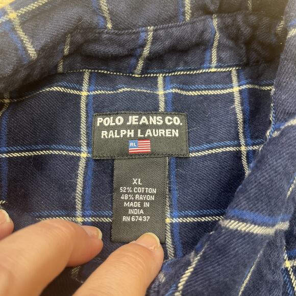 Ralph Lauren Polo Jeans Co Flannel Plaid Shirt Men's L/XL Navy Blue Preppy Y2K - Picture 2 of 12